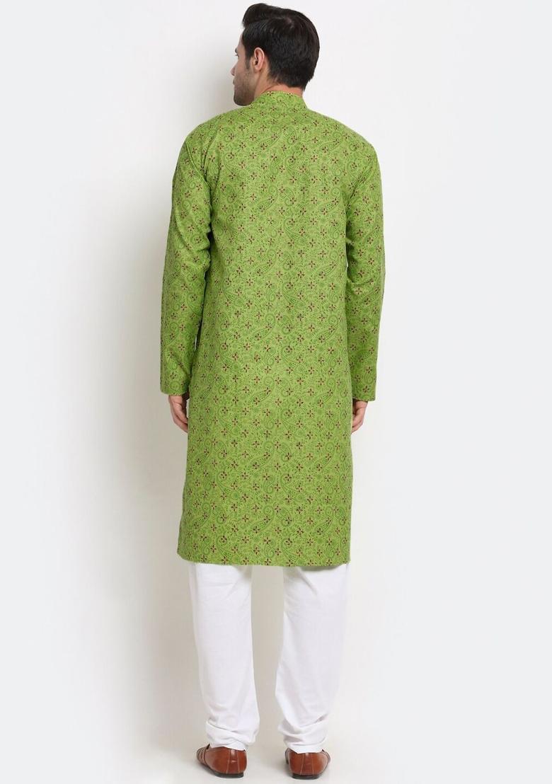 Green Self Design Cotton Kurta Set For Men - Indya