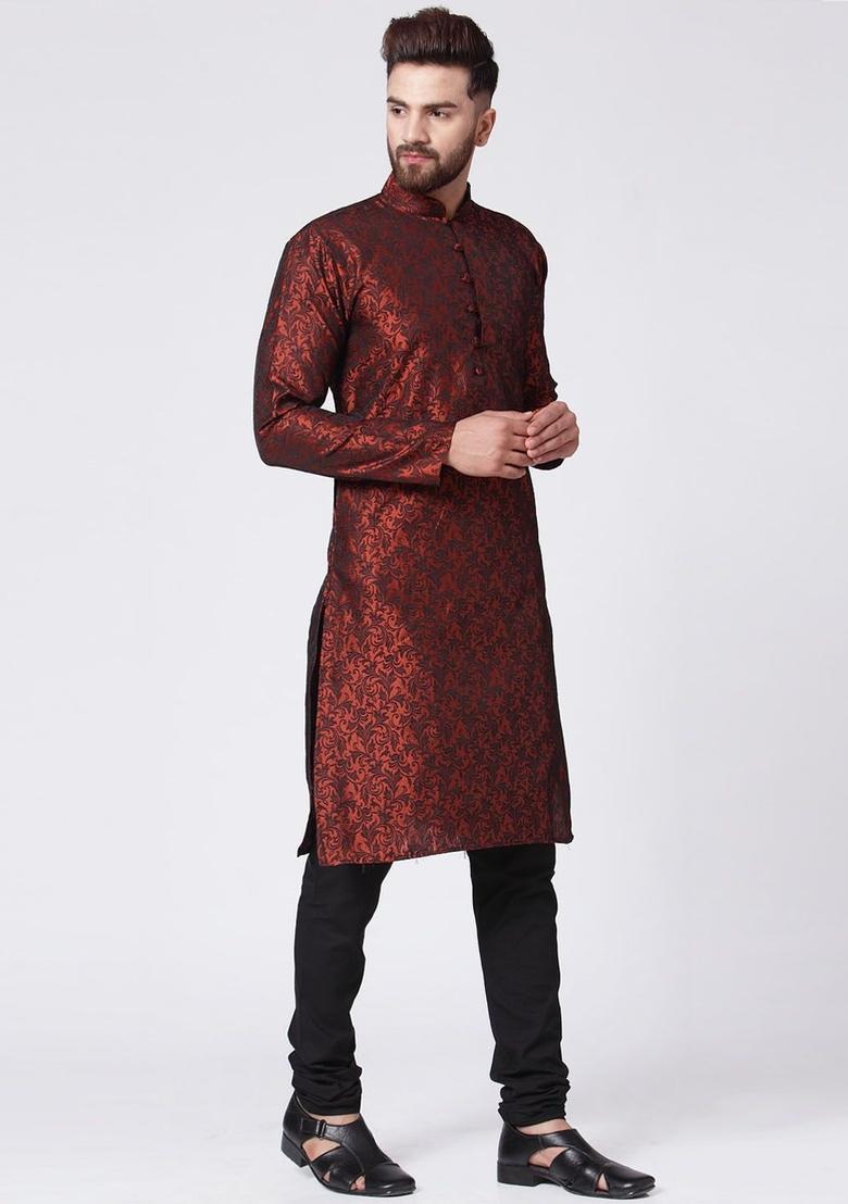Maroon Self Design Silk Kurta Set For Men - Indya