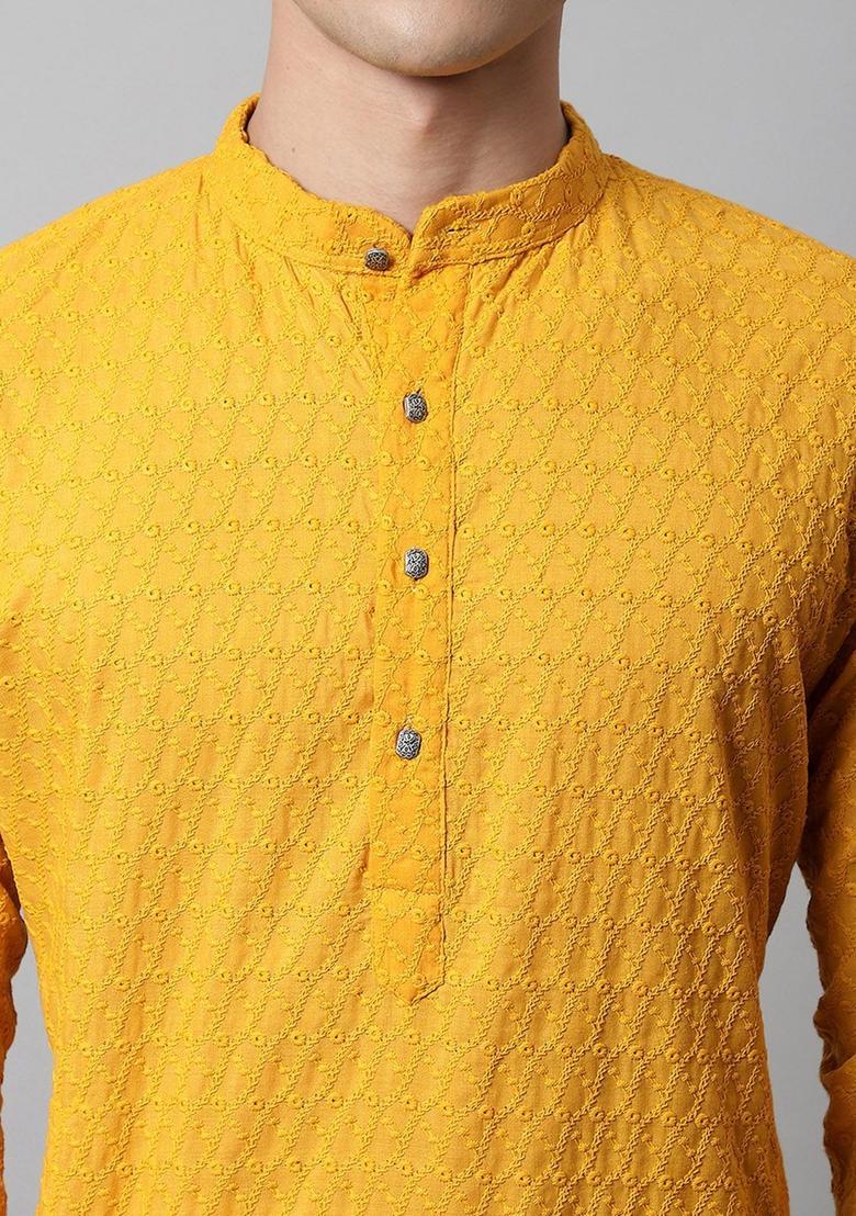Yellow Self Design Cotton Kurta Set For Men - Indya