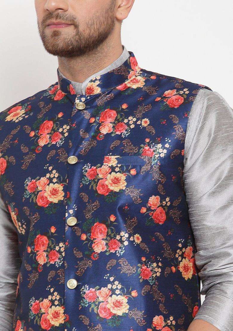 Silver Printed Silk Blend Kurta Set For Men - Indya