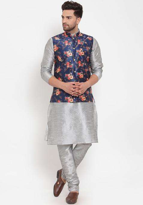 Silver Printed Silk Blend Kurta Set For Men