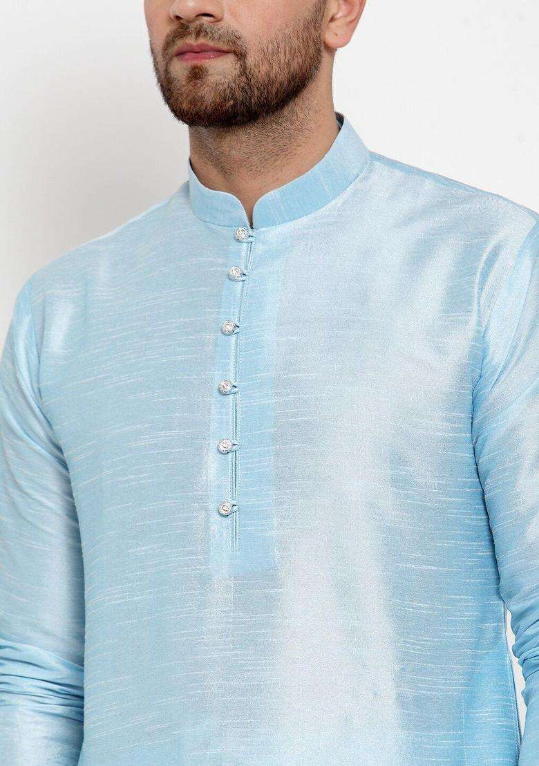 Blue Striped Silk Kurta Set For Men - Indya