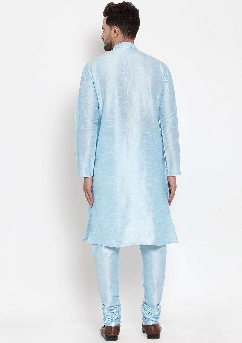 Blue Striped Silk Kurta Set For Men - Indya