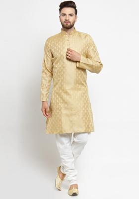 Gold Woven Design Silk Kurta Set For Men