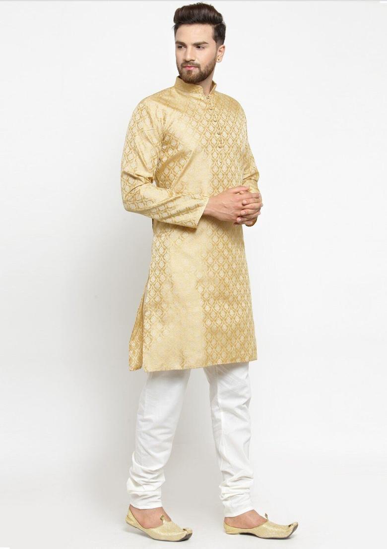 Gold Woven Design Silk Kurta Set For Men - Indya