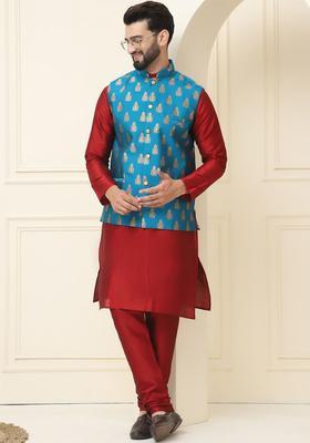 Maroon Woven Design Silk Kurta Set For Men