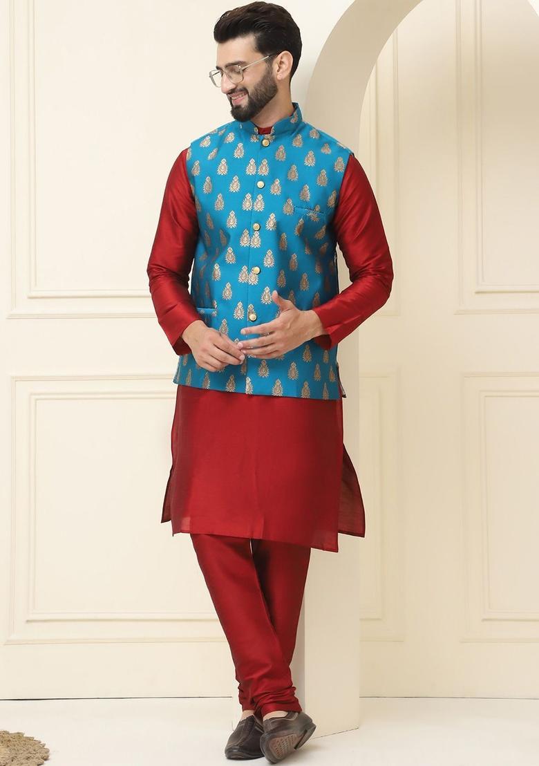 Maroon Woven Design Silk Kurta Set For Men - Indya