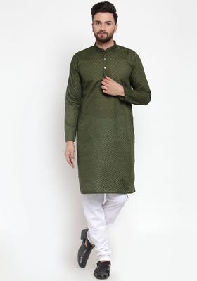 Green Self Design Cotton Kurta Set For Men