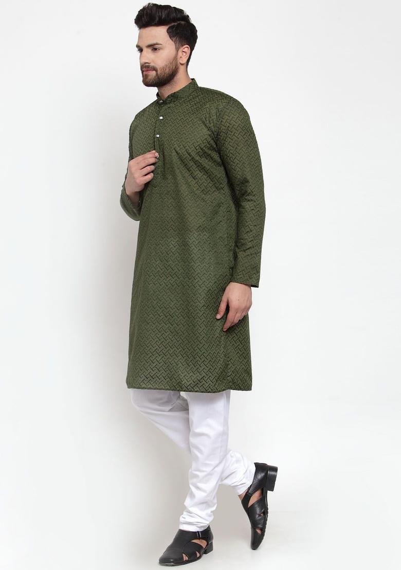 Green Self Design Cotton Kurta Set For Men - Indya