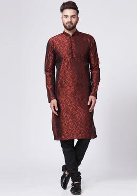 Maroon Self Design Silk Kurta Set For Men
