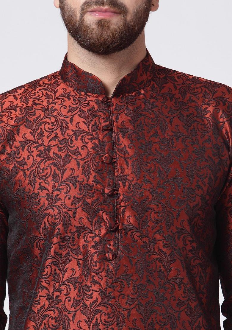 Maroon Self Design Silk Kurta Set For Men - Indya