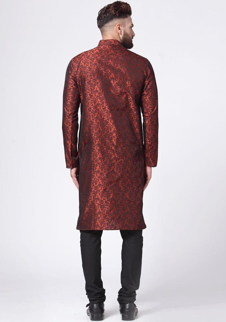 Maroon Self Design Silk Kurta Set For Men - Indya