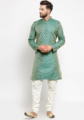 Green Self Design Silk Kurta Set For Men