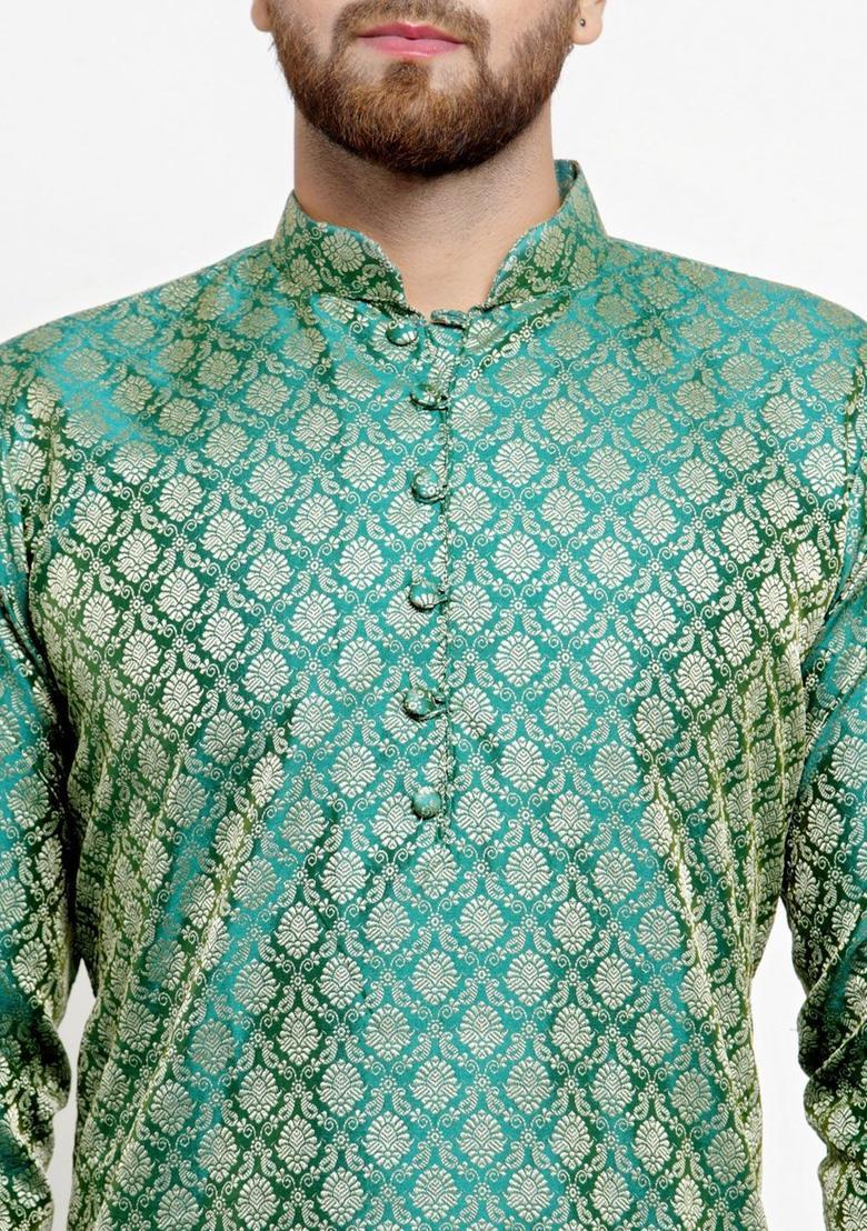 Green Self Design Silk Kurta Set For Men - Indya