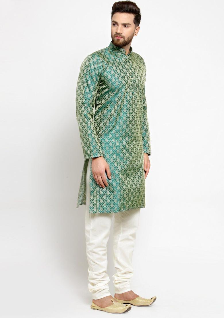 Green Self Design Silk Kurta Set For Men - Indya