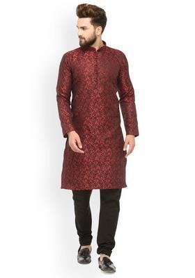 Maroon Self Design Silk Kurta Set For Men