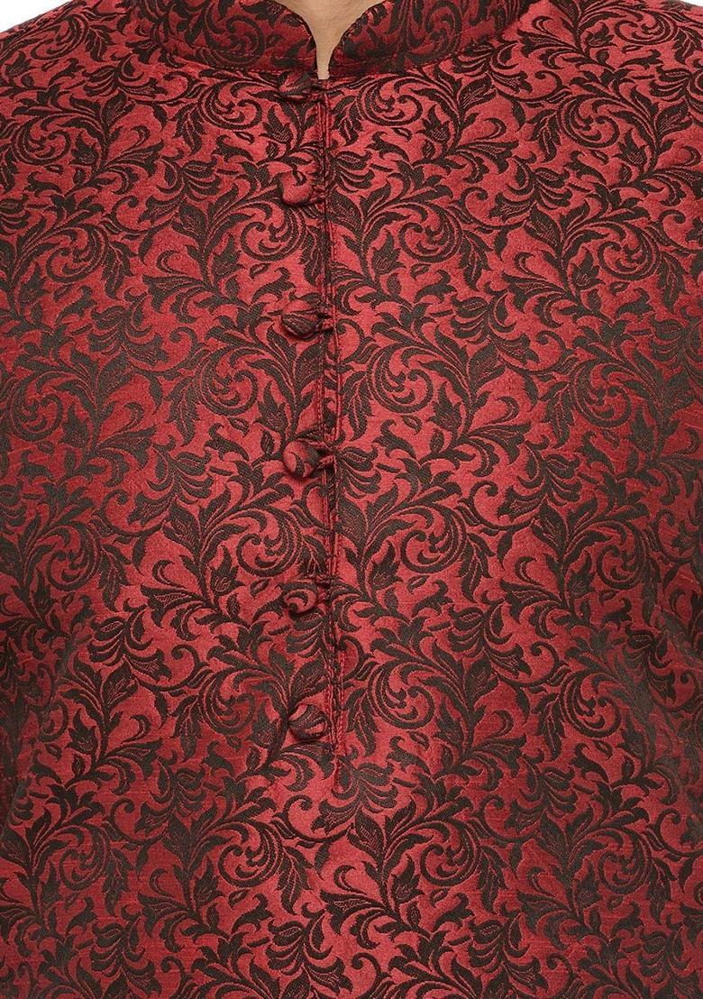 Maroon Self Design Silk Kurta Set For Men - Indya