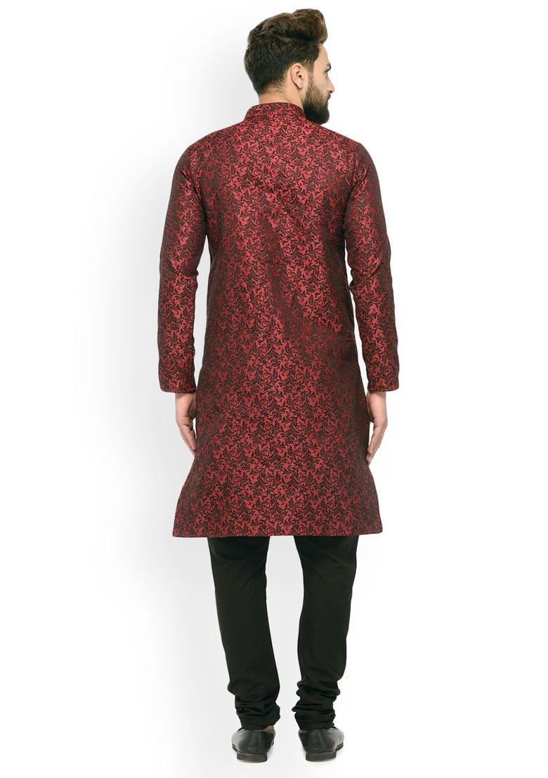 Maroon Self Design Silk Kurta Set For Men - Indya