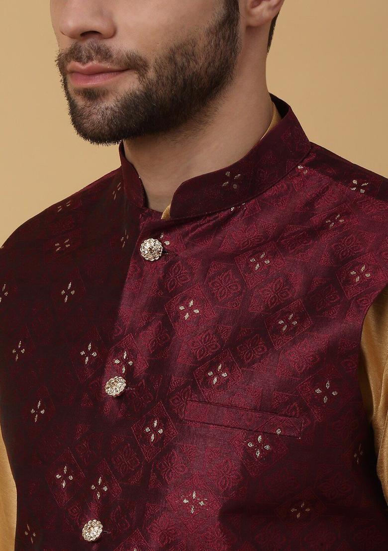 Gold Solid Silk Kurta Set For Men - Indya