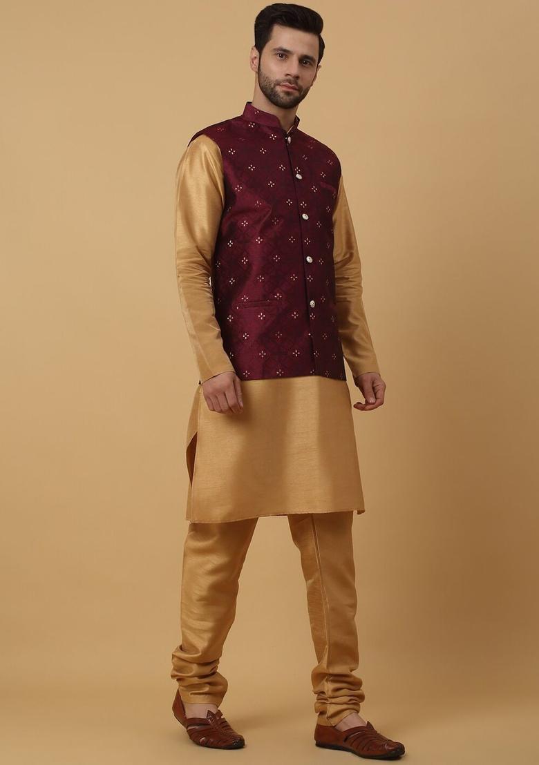 Gold Solid Silk Kurta Set For Men - Indya