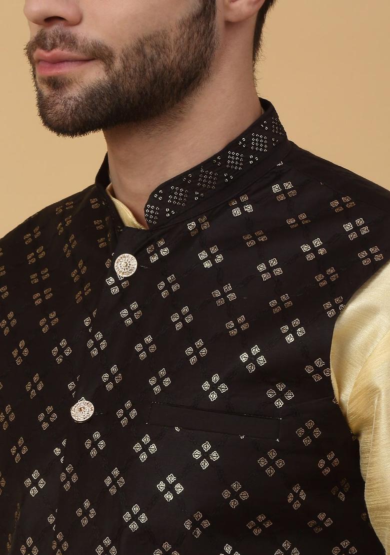 Beige Solid Silk Kurta Set For Men - Indya