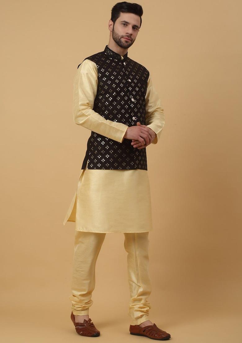 Beige Solid Silk Kurta Set For Men - Indya