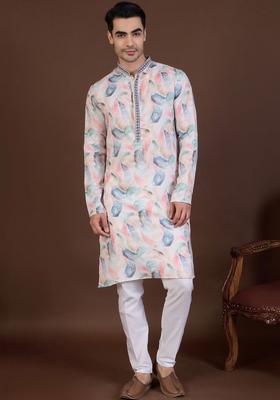 Beige Printed Linen Kurta Set For Men