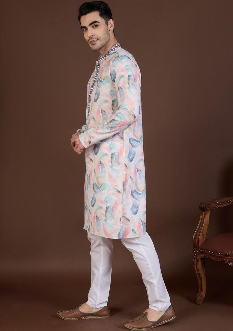 Beige Printed Linen Kurta Set For Men - Indya