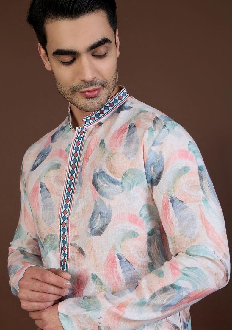 Beige Printed Linen Kurta Set For Men - Indya