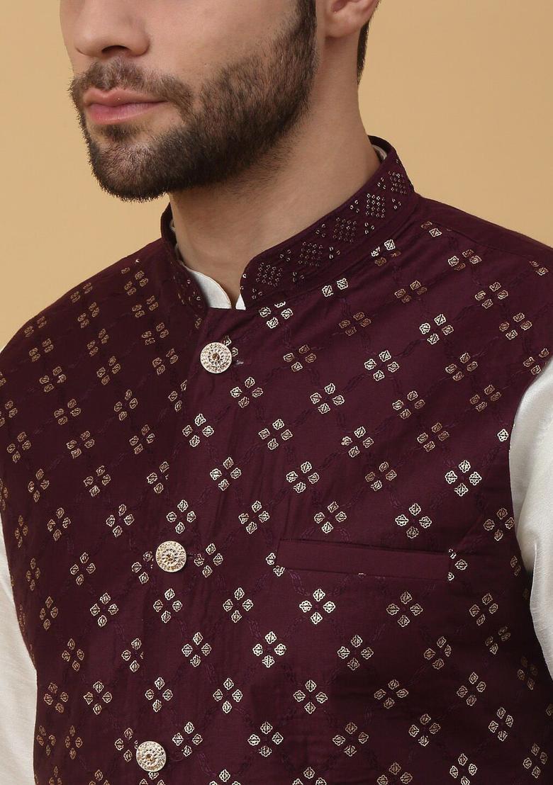 Beige Solid Silk Kurta Set For Men - Indya