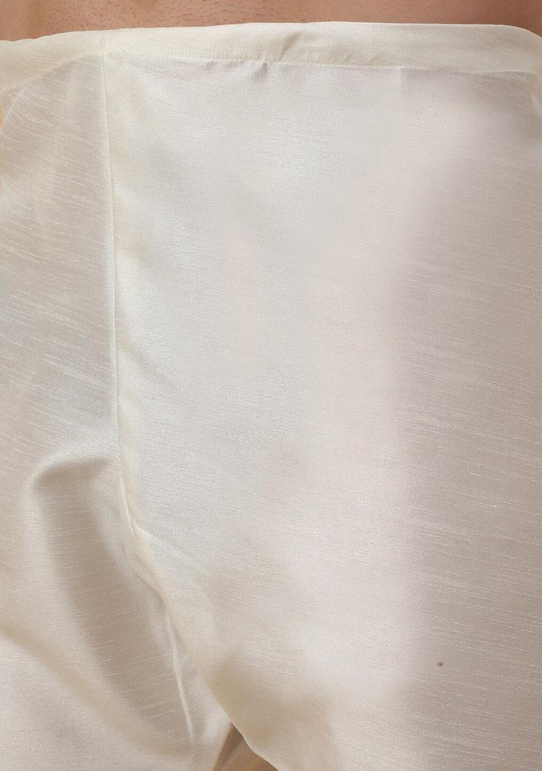 Beige Solid Silk Kurta Set For Men - Indya