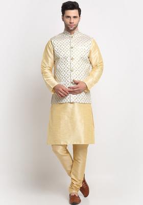 Beige Woven Design Silk Blend Kurta Set For Men