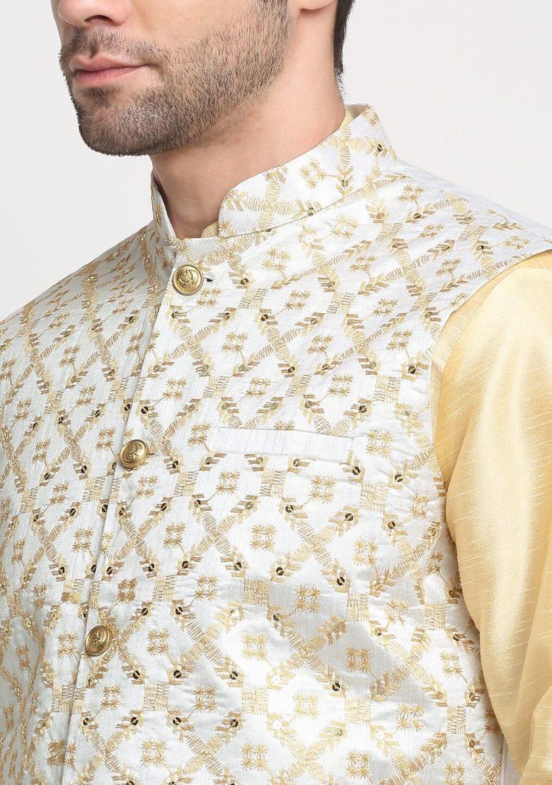 Beige Woven Design Silk Kurta Set For Men - Indya
