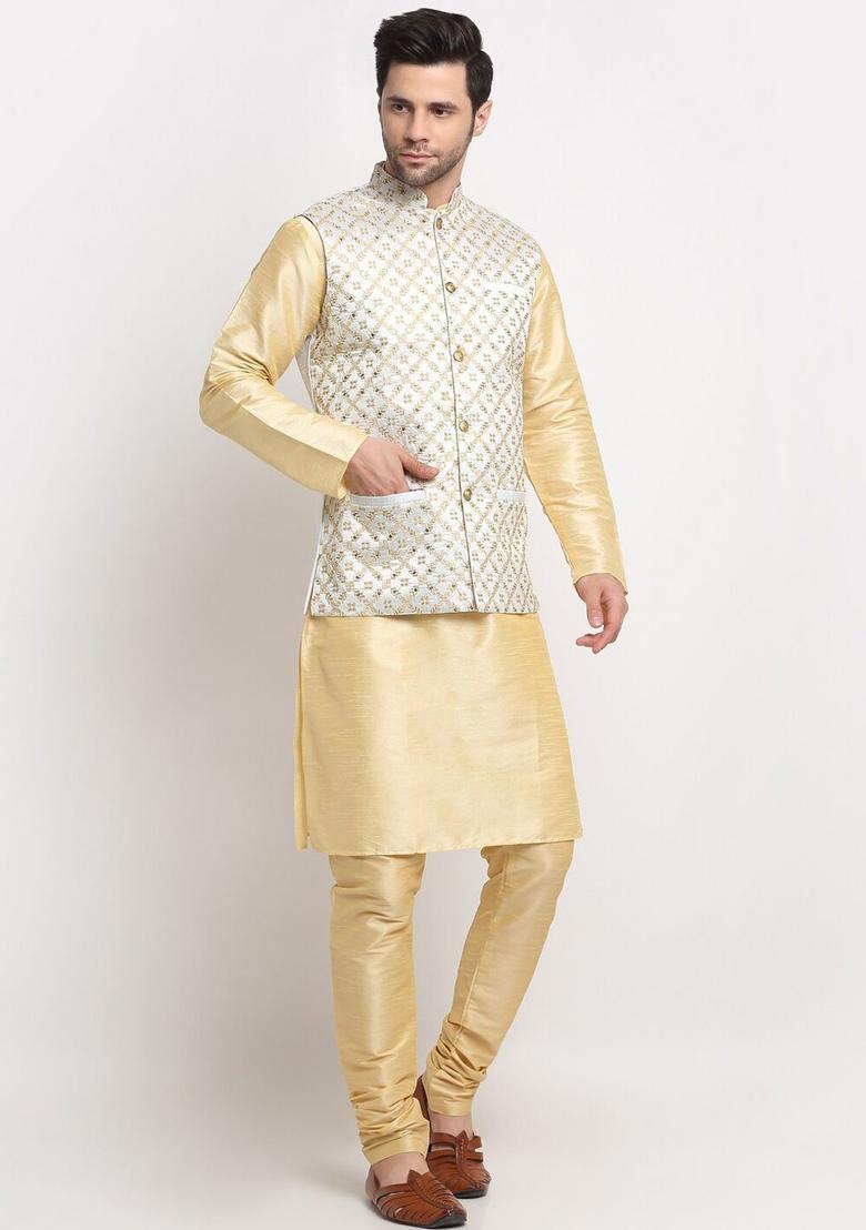 Beige Woven Design Silk Kurta Set For Men - Indya
