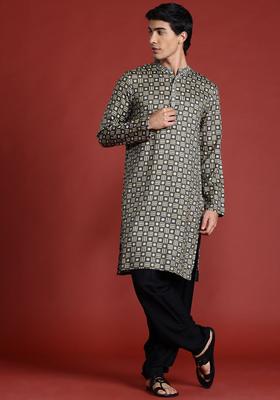 Grey Printed Viscose Kurta Set For Men