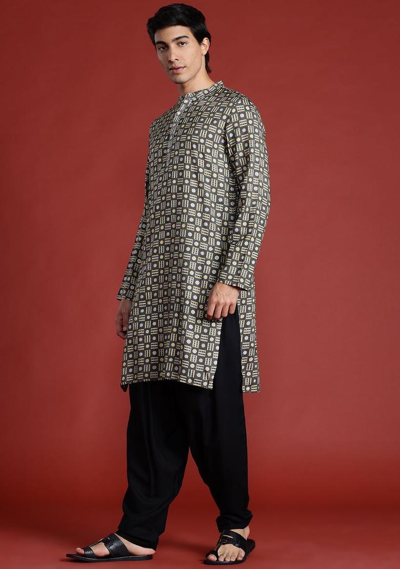 Grey Printed Viscose Kurta Set For Men - Indya