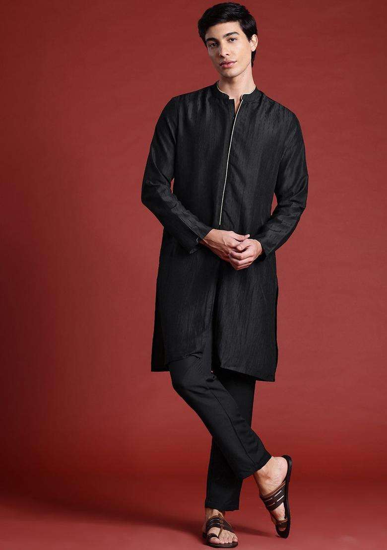 Black Woven Design Polyester Kurta Set For Men - Indya