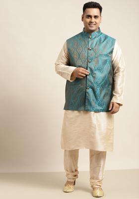Gold Woven Design Silk Kurta Set For Men