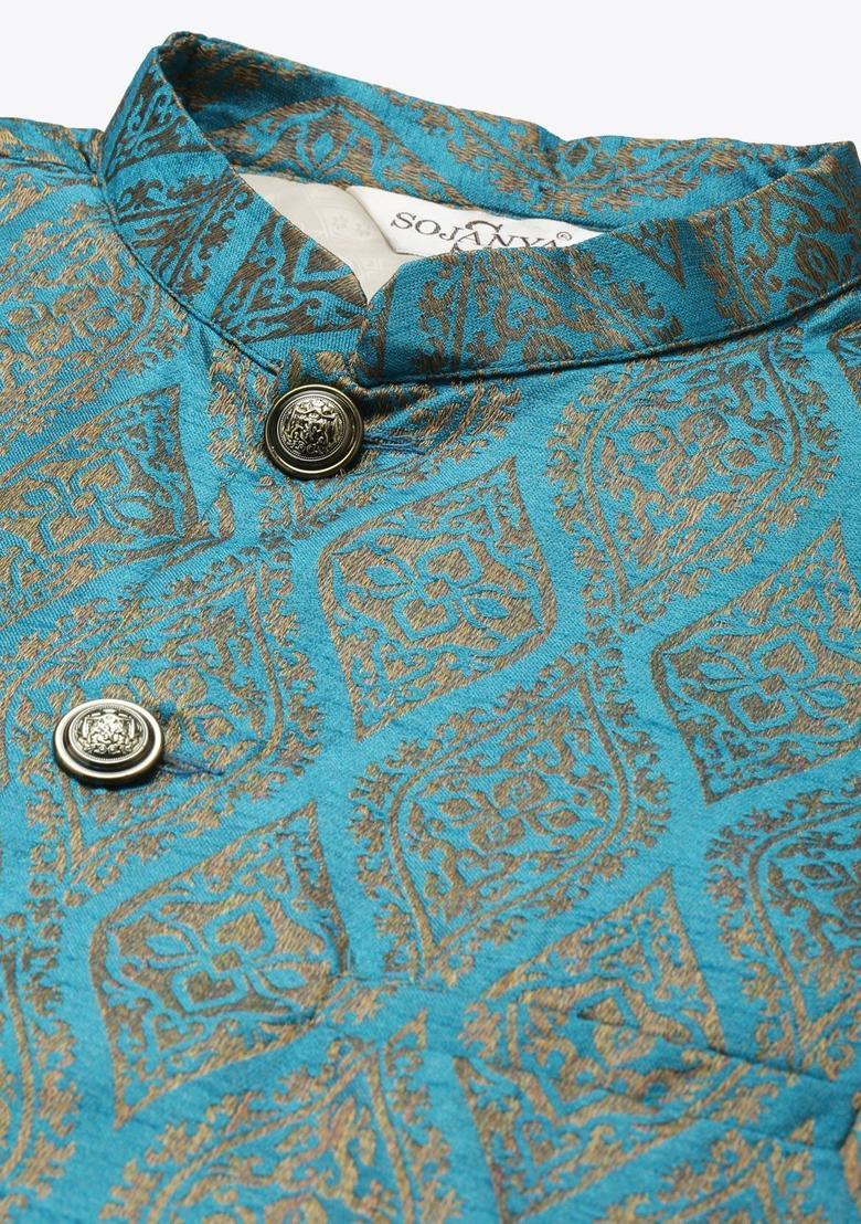 Gold Woven Design Silk Kurta Set For Men - Indya