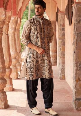 Beige Embroidered Silk Kurta Set For Men