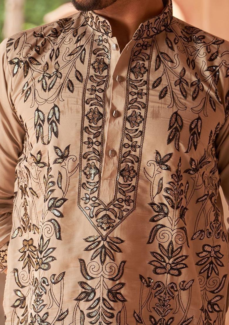 Beige Embroidered Silk Kurta Set For Men - Indya