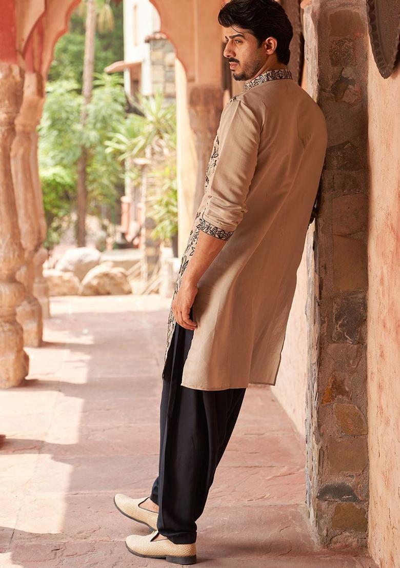 Beige Embroidered Silk Kurta Set For Men - Indya