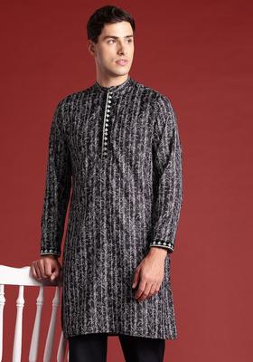 Black Printed Polyester Kurta Set For Men