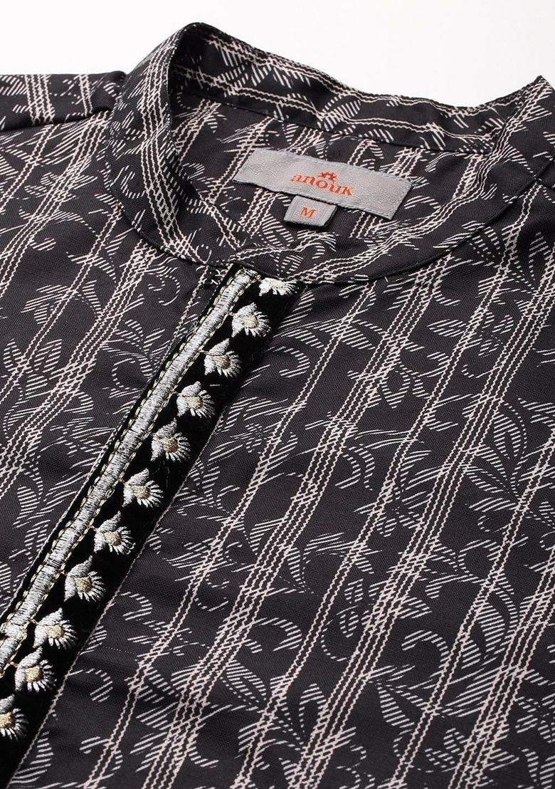 Black Printed Polyester Kurta Set For Men - Indya
