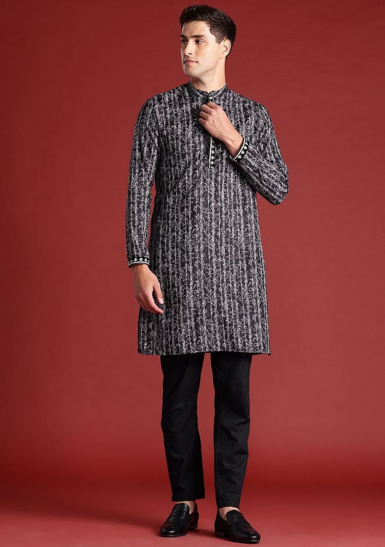 Black Printed Polyester Kurta Set For Men - Indya