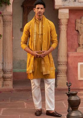 Yellow Embroidered Silk Kurta Set For Men