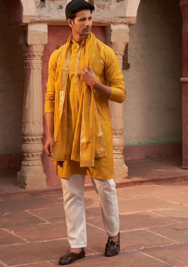 Yellow Embroidered Silk Kurta Set For Men - Indya