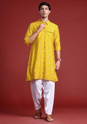 Yellow Printed Polyester Kurta Set For Men