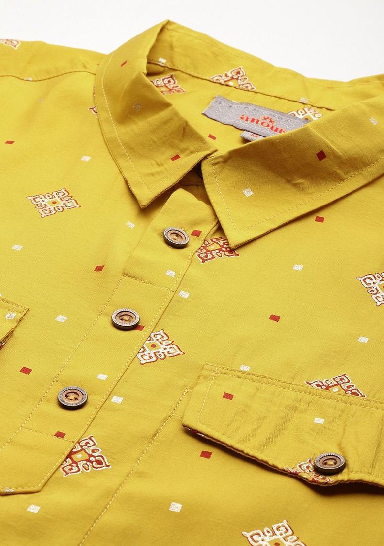 Yellow Printed Polyester Kurta Set For Men - Indya