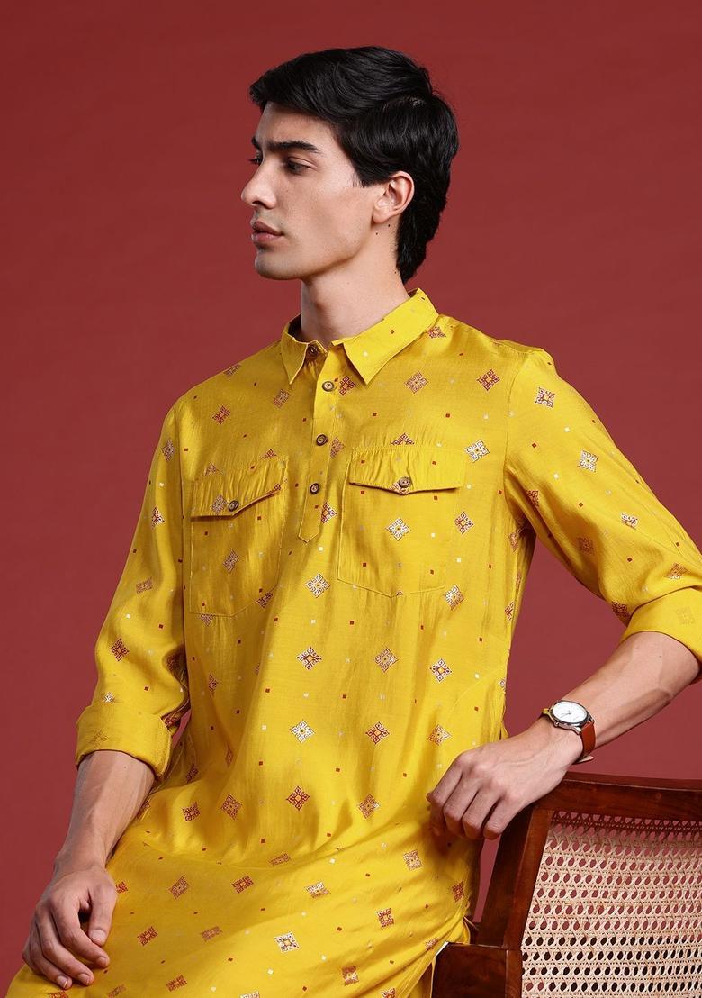 Yellow Printed Polyester Kurta Set For Men - Indya